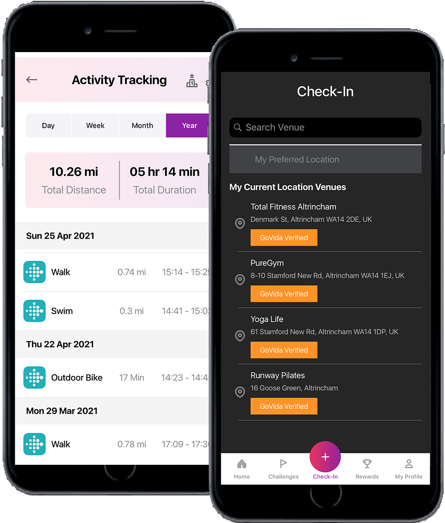 Screenshots of the activity tracking section for GoVida the employee wellness platform